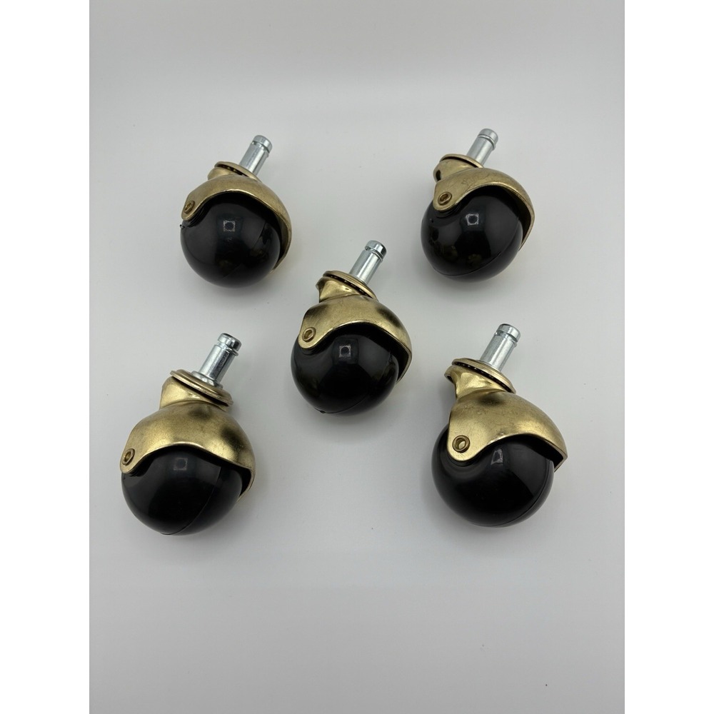 Lot of 5 Ball Caster Stem‎ Mount Black Ball w/ Brass-Tone Housing